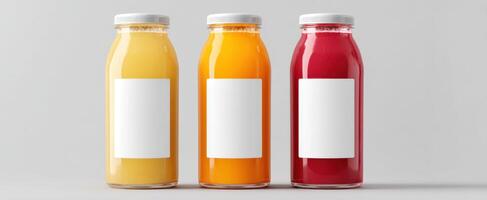 The colorful juice bottles showcasing fresh and vibrant beverages in a minimalist setting. photo