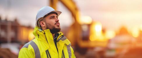 The construction worker looking towards future possibilities on a job site. photo