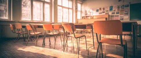 The empty classroom showcasing chairs and warm sunlight streaming in. photo