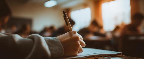 The student writing diligently during an examination in a quiet classroom setting. photo