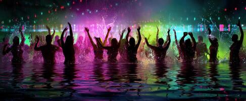 The joyous crowd dancing in vibrant water during a lively outdoor celebration photo