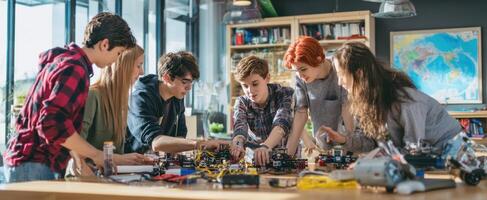 The students collaborating on robotics projects in an innovative learning environment. photo