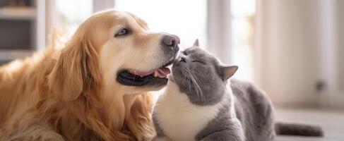 The Golden Retriever and Gray Cat Sharing a Moment of Affection photo