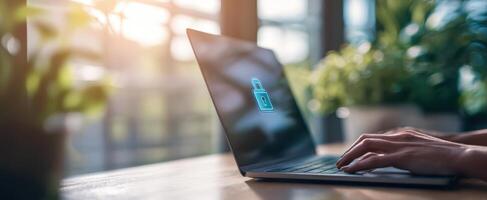 The laptop with a security lock icon representing online privacy and safety. photo