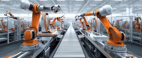 The futuristic factory featuring robotic arms in a high-tech manufacturing environment. photo