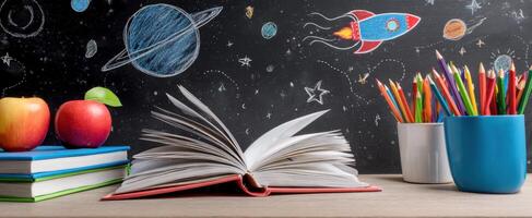 The open book illustrates creativity and adventure against a whimsical space backdrop. photo