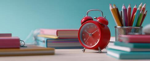 The vibrant red alarm clock amidst colorful stationery and books on a workspace. photo