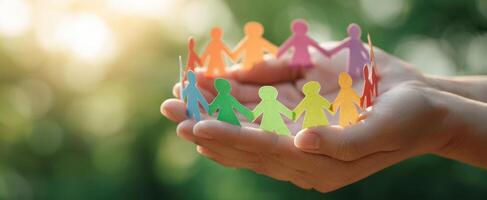 The hands holding colorful paper figures symbolizing unity and togetherness. photo