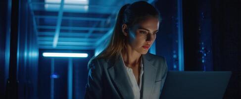 The focused woman working on a laptop in a high-tech server room. photo