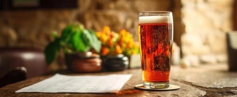 The refreshing glass of beer surrounded by a warm pub atmosphere photo