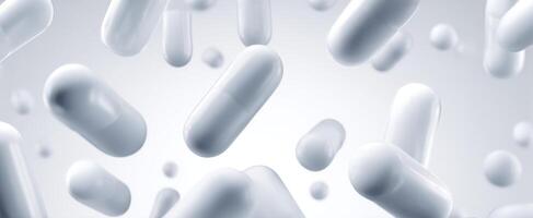 The white capsules floating in an abstract background for pharmaceuticals and health awareness. photo