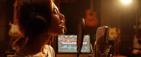 The passionate singer recording a captivating performance in a modern studio. photo