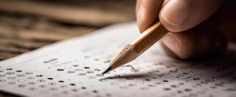 The pencil marks answers on an exam sheet during an educational assessment. photo