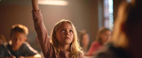 The girl in the classroom eagerly raising her hand for a question. photo