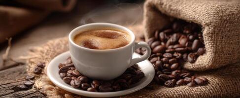 The aromatic cup of freshly brewed coffee next to scattered beans photo