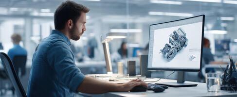 The engineer working on a detailed machinery design in a modern office environment. photo