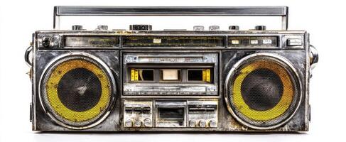 The vintage boombox with retro design and vibrant yellow speakers. photo