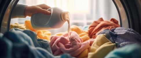 The hand pouring detergent into a washing machine filled with colorful laundry. photo