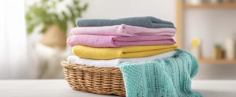 The neatly arranged towels in a wicker basket showcasing vibrant colors. photo