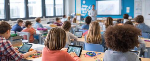 The classroom filled with engaged students using tablets for learning activities. photo