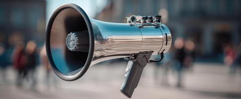 The shining megaphone amplifying voices during a lively public event. photo