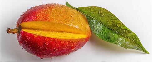 The fresh mango with water droplets and green leaf on a white background. photo