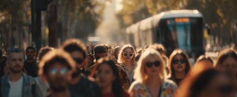 The crowd of fashionable people walking in a vibrant urban setting. photo