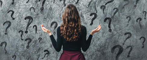 The Woman Contemplating Uncertainty Against a Background of Questions photo