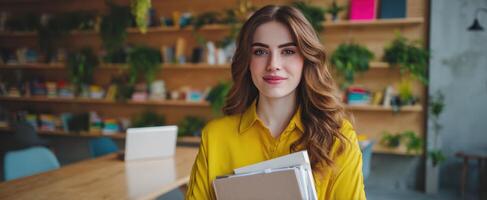 The young woman confidently holds documents in a modern workspace. photo