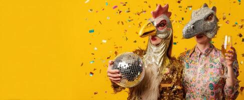 The colorful celebration with friends in playful animal masks and disco ball. photo