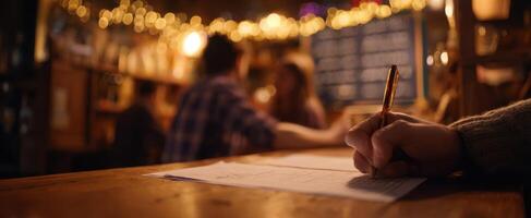 The hand writing on paper in a cozy cafe atmosphere with friends. photo