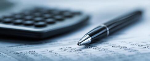 The close-up of a pen resting on financial documents with a calculator. photo