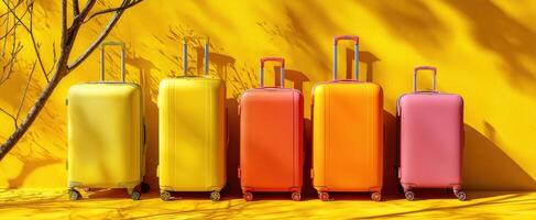 The vibrant collection of colorful suitcases against a sunny yellow background photo