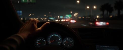 The hand gripping the steering wheel in a night-time driving scene. photo