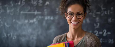 The smiling teacher holding colorful folders in a classroom setting. photo