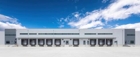 The modern warehouse with loading docks under a bright blue sky. photo