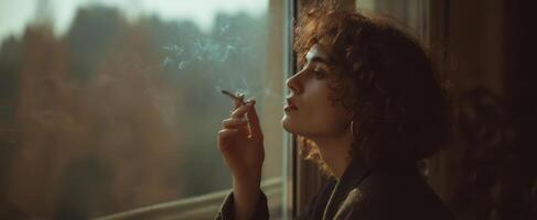 The woman contemplating her thoughts while smoking by the window in soft light. photo