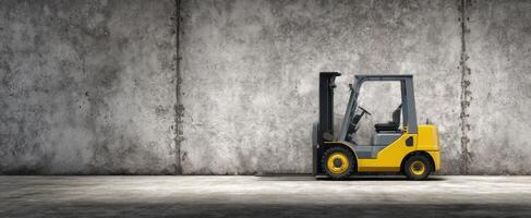 The forklift positioned against a textured concrete wall in an industrial setting. photo