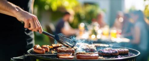 The grill sizzles with delicious burgers and sausages in a vibrant backyard setting. photo