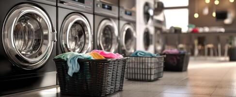 The modern laundry room featuring sleek machines and colorful textile baskets. photo