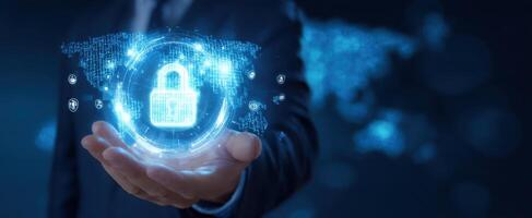The holographic representation of a secure digital lock in a business environment. photo