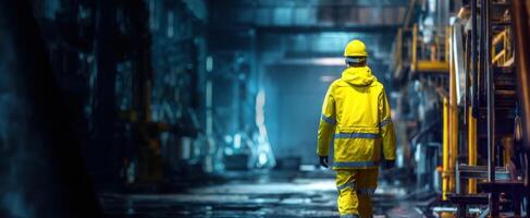The worker in a yellow raincoat walking through an industrial warehouse at night photo