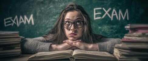 The student feeling overwhelmed while studying for an important exam photo