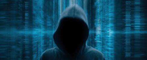 The enigmatic figure cloaked in darkness amidst a digital landscape photo