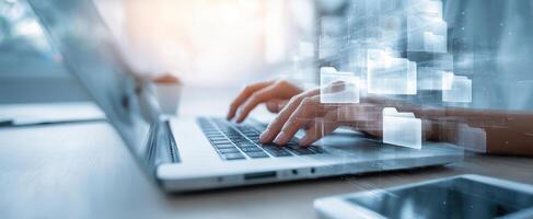 The seamless interaction of technology and data management in the digital workspace. photo