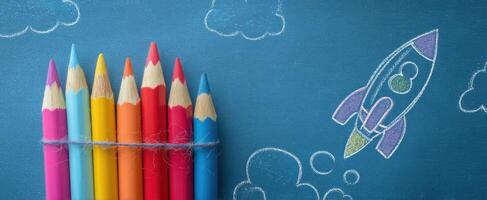 The colorful pencils and chalk rocket against a bright blue background. photo