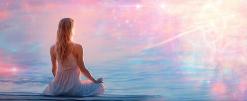 The serene woman meditating by the water at sunset, embracing tranquility and peace. photo