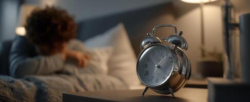 The alarm clock on bedside table highlighting sleeplessness and anxiety during night. photo
