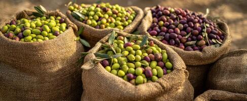 The vibrant assortment of fresh olives in rustic burlap sacks. photo