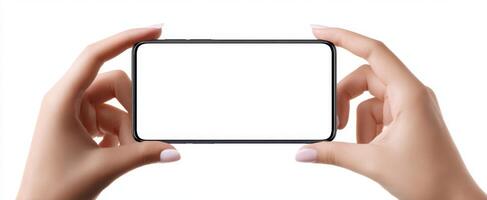 The hands holding a smartphone ready for a blank screen mockup. photo